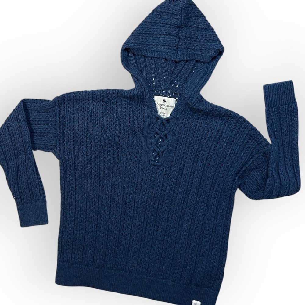 Abercrombie & Fitch Kids Blue Hooded Sweater 13/14 Youth Pullover Weave Lace Up - Picture 8 of 10